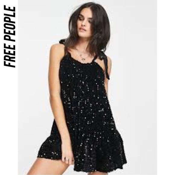 FREE PEOPLE NOVA SEQUINED EMBELLISHED MINI DRESS IN BLACK NEW MEDIUM - Picture 3 of 8